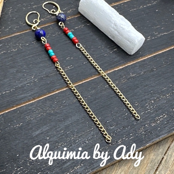 Colorful Beaded Chain Earrings lapis turquoise - Picture 1 of 1
